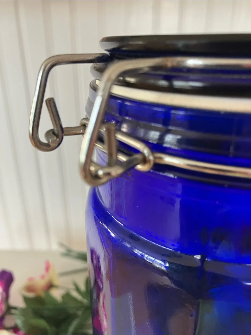 Cobalt Blue Cylinder Glass Jar With Wire Clamp Hinged Lid